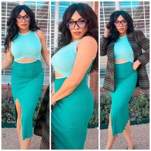 Cutout Teal Ribbed Knit Dress- IM